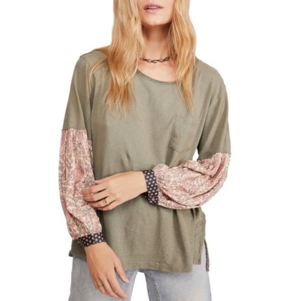 Free People Olive Green Long Sleeve Top with Pink Patterned Balloon Sleeves